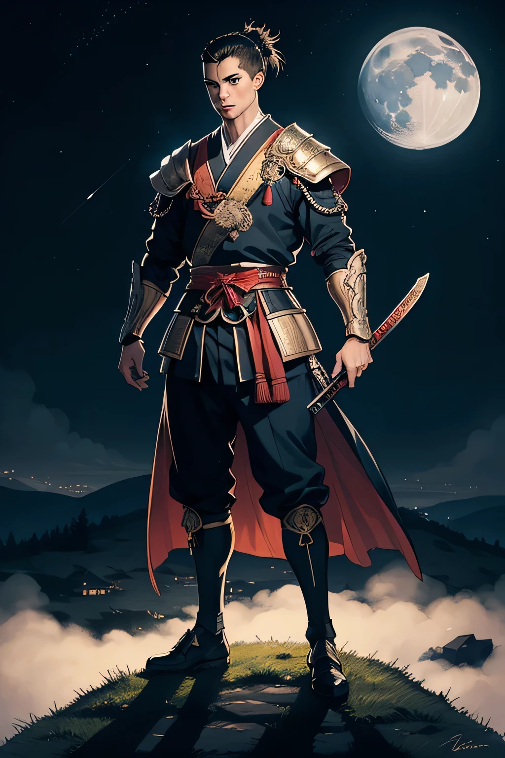 The beautiful drawing depicts Cristiano Ronaldo wearing samurai armor and an ornate helmet, holding a decorated sword, with "CR7" elegantly written on the armor. Cristiano stands proudly atop a hill, with the moon glowing in the night sky behind him, adding a touch of magic and grandeur to the artwork.