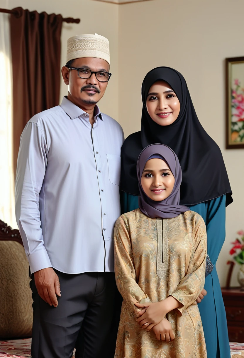 family photo of 3 people, landscape, father aged 53 years, mother aged 49 years, 26 year old woman without hijab, room background, Indonesian family photo, ultra detailed, 8k, Realistic