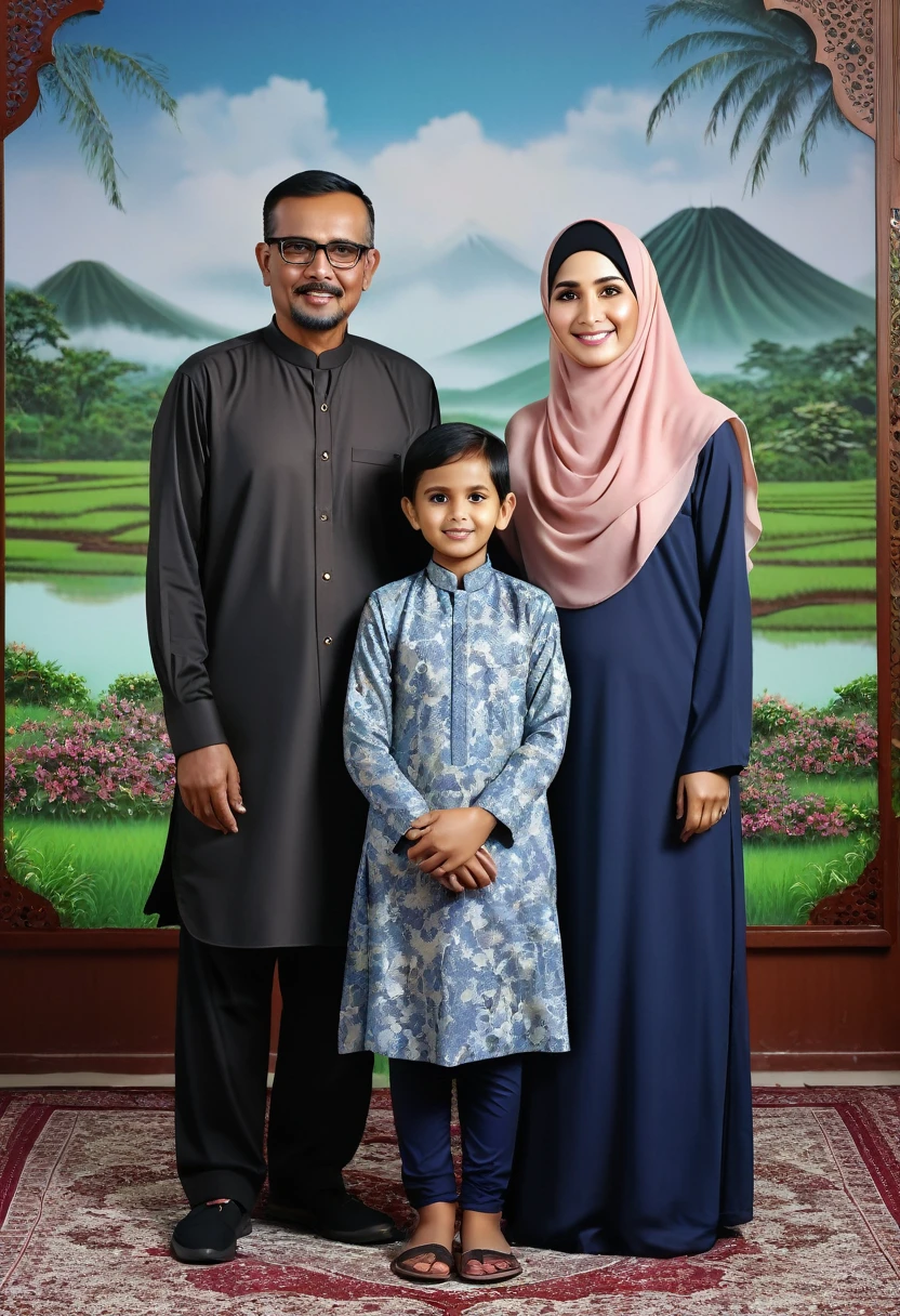 family photo of 3 people, landscape, father aged 53 years, mother aged 49 years, 26 year old woman without hijab, room background, Indonesian family photo, ultra detailed, 8k, Realistic