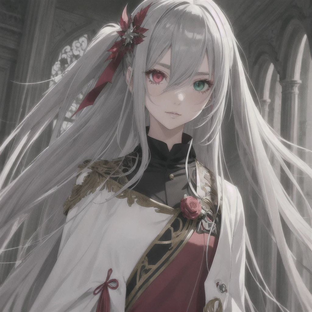 Anime Girl, heterochromia, (red right eye and gray left eye), Detailed eyes, Best Quality,
1 girl, Only silver long straight, hairs on、vestments、Green throughout with intricate details (1girll,solo,Long straight hair,Sharp face,depth of fields,;Think left