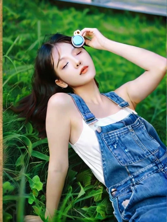 1 (wearing jeans overalls:1.3), lying down on the grass, Overhead Camera, Sharp focus, handsome, thin,professional lighting,city,expressive eyes,tall body,mature woman,hair accessories,Instagram with the most views,Official wallpapers, official art,(kpop idols), half closed eyes,building,((The art of realistic painting by Midjourney and Gregor Rutkowski)),((Model)), 