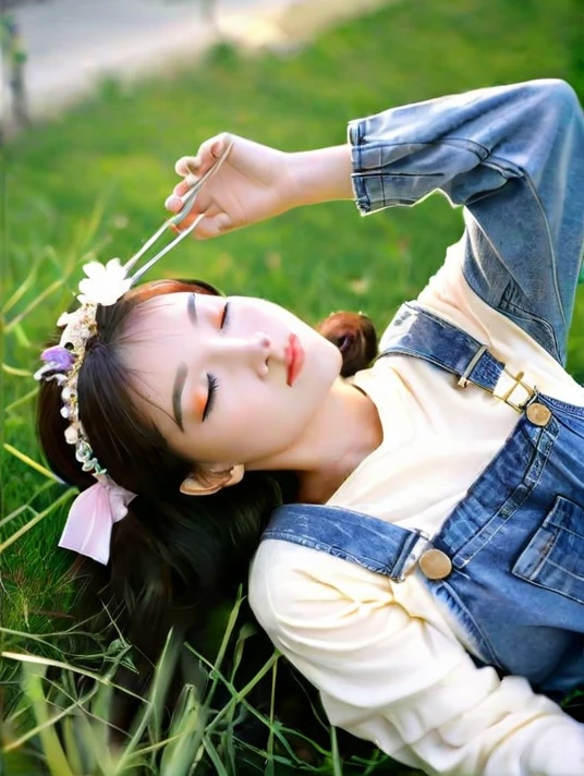1 (wearing jeans overalls:1.3), lying down on the grass, Overhead Camera, Sharp focus, handsome, thin,professional lighting,city,expressive eyes,tall body,mature woman,hair accessories,Instagram with the most views,Official wallpapers, official art,(kpop idols), half closed eyes,building,((The art of realistic painting by Midjourney and Gregor Rutkowski)),((Model)),