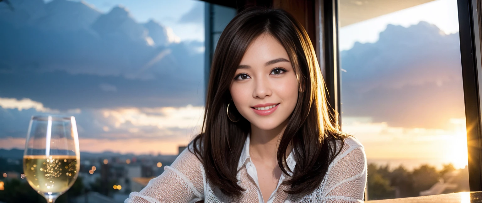 ((Highest quality、8K、masterpiece:1.3))、Sharp focus:1.2、Beautiful woman perfect body:1.4、slimなボディ、((Bob Hale、Straight hair:1.2))、(to be born, Highest quality, masterpiece:1.5), (Realistic, Intricate details:1.2), テーブルにwine glass、Put the light on your face、 Amazing view of the sunset sky and clouds、Amazing mountain views、ニコニコ明るいsmile、smileの素敵な女性、Bright image、2. The beauty of wine, Beautiful Face, blue eyes, The light shines on your face, Blushing, short hair,Bright Face、Fox face、 (43 years old), 39 years old, Lady、red wine 、Appetizers、Italian food、Wine bottle、Champagne、sparkling wine、Two beauties、Brown Hair、Shortcuts、Long sleeve shirt、dress、Beautiful woman 1, (slimな顔), (The body is slim), (Brown Hair), (Shortcuts), cheeks turn a little red,Attractive beauty、, Out of the window, Beautiful and detailed night view.........., restaurant, In a prominent place (From the waist up) Nova Frog Style, actress, model, Upper Body, White wine, slim, wine glass, 真ん中に置かれたwine glass, smile, (smile: 1.15), Beautiful fine grain, Depth f/2,saturation, High Contrast, Strong light and shadow,Moist Body:1.5、3D texture、Delicate eyes、Brown Hair、The hair is very shiny、