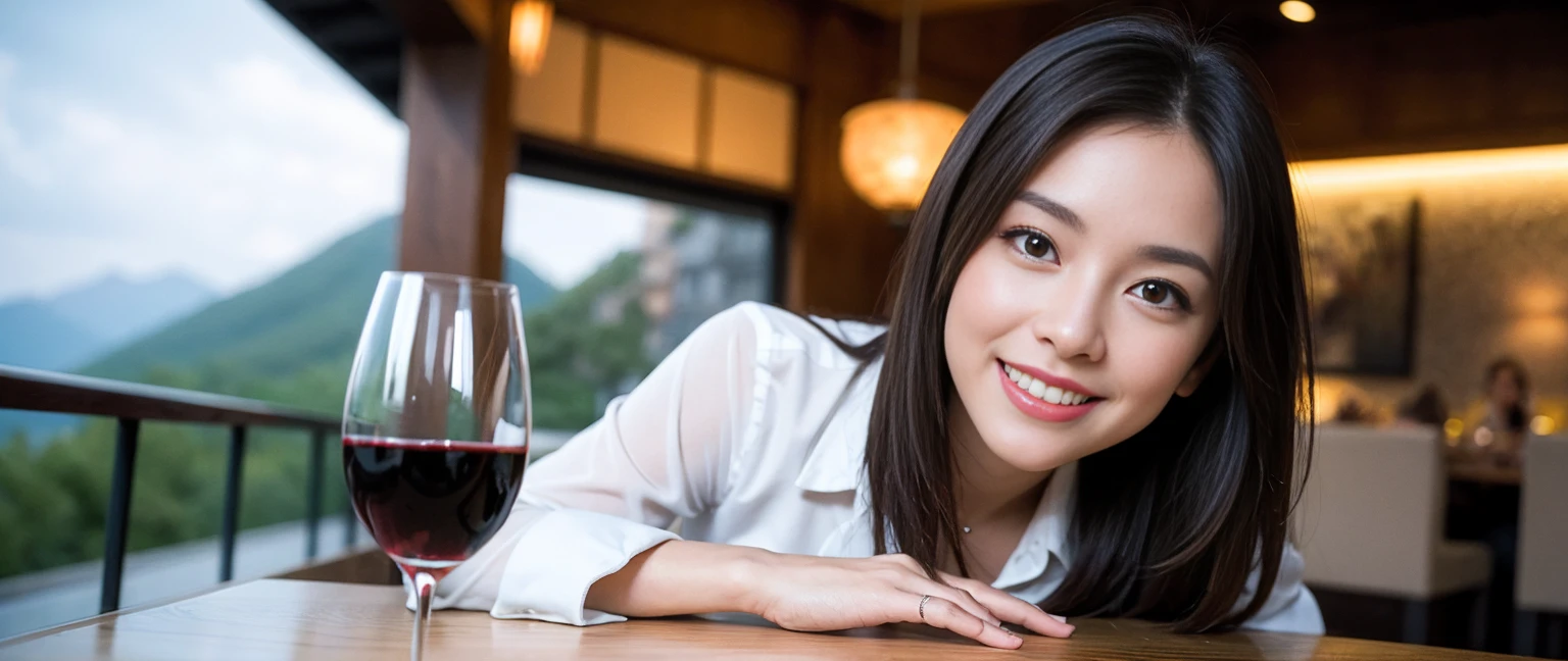 ((Highest quality、8K、masterpiece:1.3))、Sharp focus:1.2、Beautiful woman perfect body:1.4、slimなボディ、((Bob Hale、Straight hair:1.2))、(to be born, Highest quality, masterpiece:1.5), (Realistic, Intricate details:1.2), テーブルにwine glass、Put the light on your face、 Amazing view of the sunset sky and clouds、Amazing mountain views、ニコニコ明るいsmile、smileの素敵な女性、Bright image、2. The beauty of wine, Beautiful Face, blue eyes, The light shines on your face, Blushing, short hair,Bright Face、Fox face、 (43 years old), 39 years old, Lady、red wine 、Appetizers、Italian food、Wine bottle、Champagne、sparkling wine、Two beauties、Brown Hair、Shortcuts、Long sleeve shirt、dress、Beautiful woman 1, (slimな顔), (The body is slim), (Brown Hair), (Shortcuts), cheeks turn a little red,Attractive beauty、, Out of the window, Beautiful and detailed night view.........., restaurant, In a prominent place (From the waist up) Nova Frog Style, actress, model, Upper Body, White wine, slim, wine glass, 真ん中に置かれたwine glass, smile, (smile: 1.15), Beautiful fine grain, Depth f/2,saturation, High Contrast, Strong light and shadow,Moist Body:1.5、3D texture、Delicate eyes、Brown Hair、The hair is very shiny、