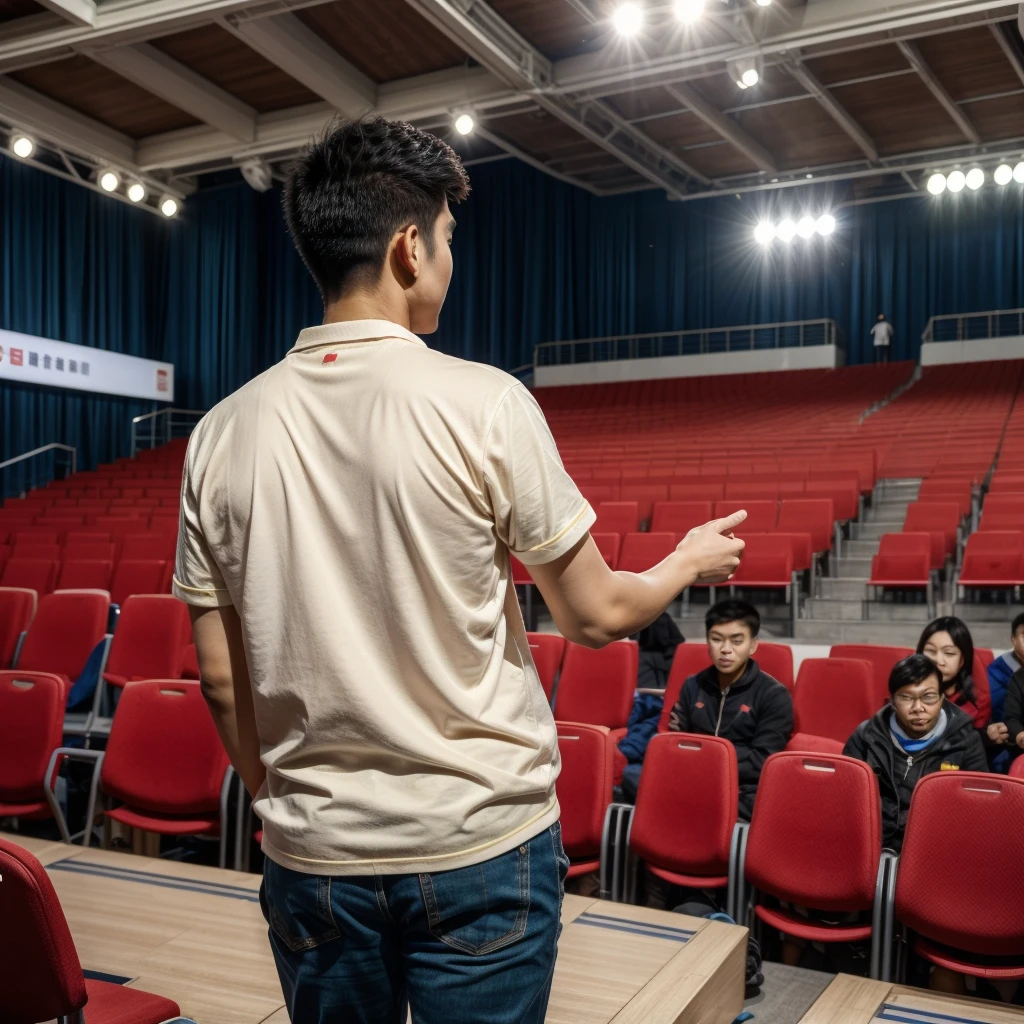 Back photo, In the photo, there is only one young Hong Kong man with his back to the camera.，He is dressed in casual clothes，at the International Exhibition Conference Hall, speak confidently，He was speaking to many audiences in the audience