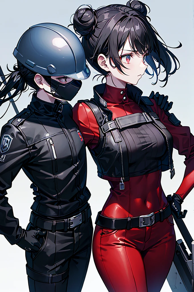 Outfit**: The Machinist wears a black unisex, utility outfit, consisting of a tank top and pants. This outfit is both practical and elegant, designed to offer great freedom of movement. - **Accessories**: She is equipped with a belt with various pockets and buckles, demonstrating her preparedness for various situations. A harness adds to the functionality of her outfit. - **Helmet**: On her head, she wears a red welding helmet with a distinctive and futuristic design. This helmet appears to be multifunctional, providing protection and improved vision. She can also wear a matching mask, covering her entire face, which enhances her mysterious and battle-ready appearance. - **Hair**: Her black hair is styled in two high, messy buns, with flyaways sticking out from her helmet, adding to her casual and edgy appearance. - **Gloves**: She wears red gloves, thick and sturdy, which go up to her forearms. These gloves are designed for physical work and combat. - **Posture**: His posture is relaxed but confident, with one hand on his hip and the other carrying a tool or weapon on his shoulder, demonstrating an attitude that is both nonchalant and ready to act.