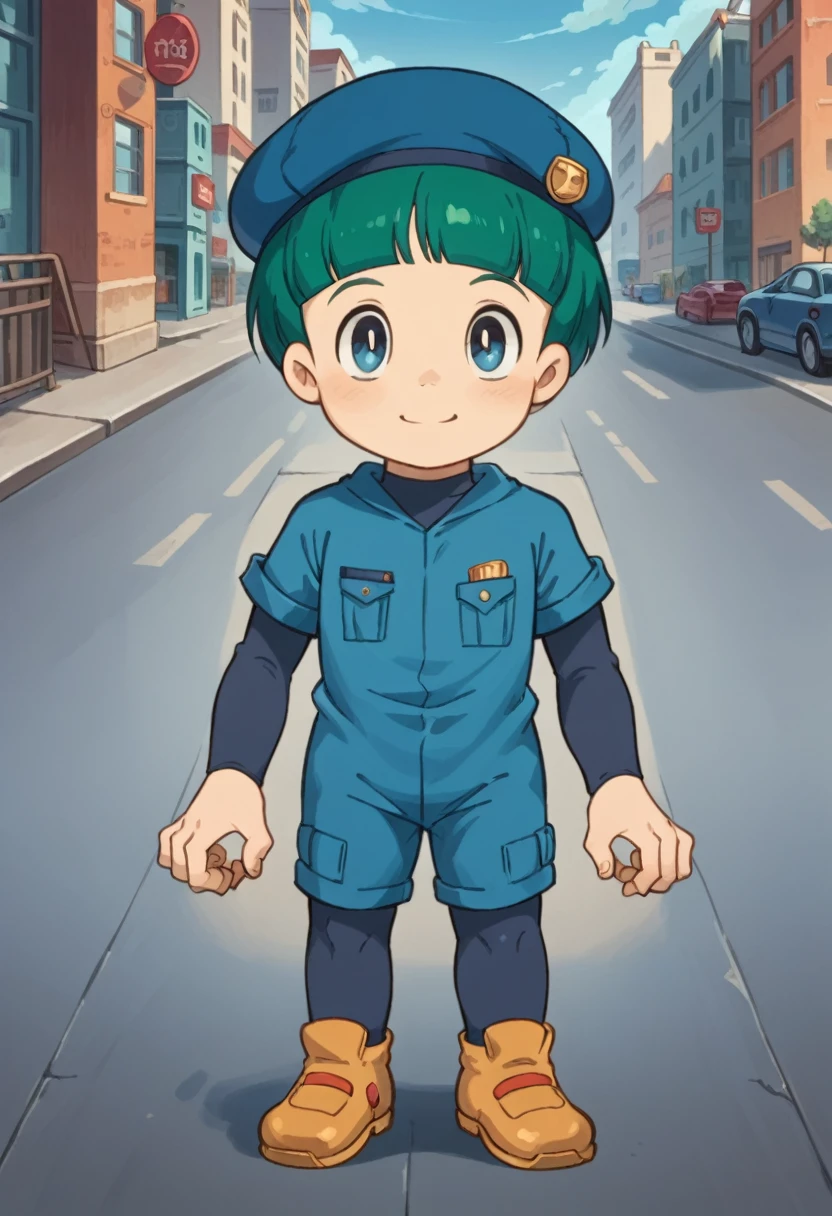 Score_9, score_8_up, score_7_up, rating_safe, Cute young boy, ropple, blue eyes, green hair, cute face, very smail, light smile,  grinning evily，Boy student，short detailed hair，Shota，solo person，Wear a red and blue beret，punky style，Black stroke，solo person，The city of the future，nigth，Contre-Jour,  ((full view body)), claw pose,