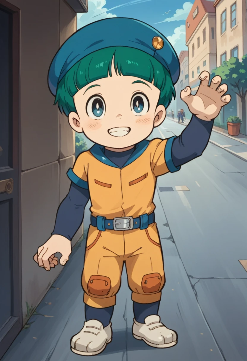 Score_9, score_8_up, score_7_up, rating_safe, Cute young boy, ropple, blue eyes, green hair, cute face, very smail, light smile,  grinning evily，Boy student，short detailed hair，Shota，solo person，Wear a red and blue beret，punky style，Black stroke，solo person，The city of the future，nigth，Contre-Jour,  ((full view body)), claw pose,