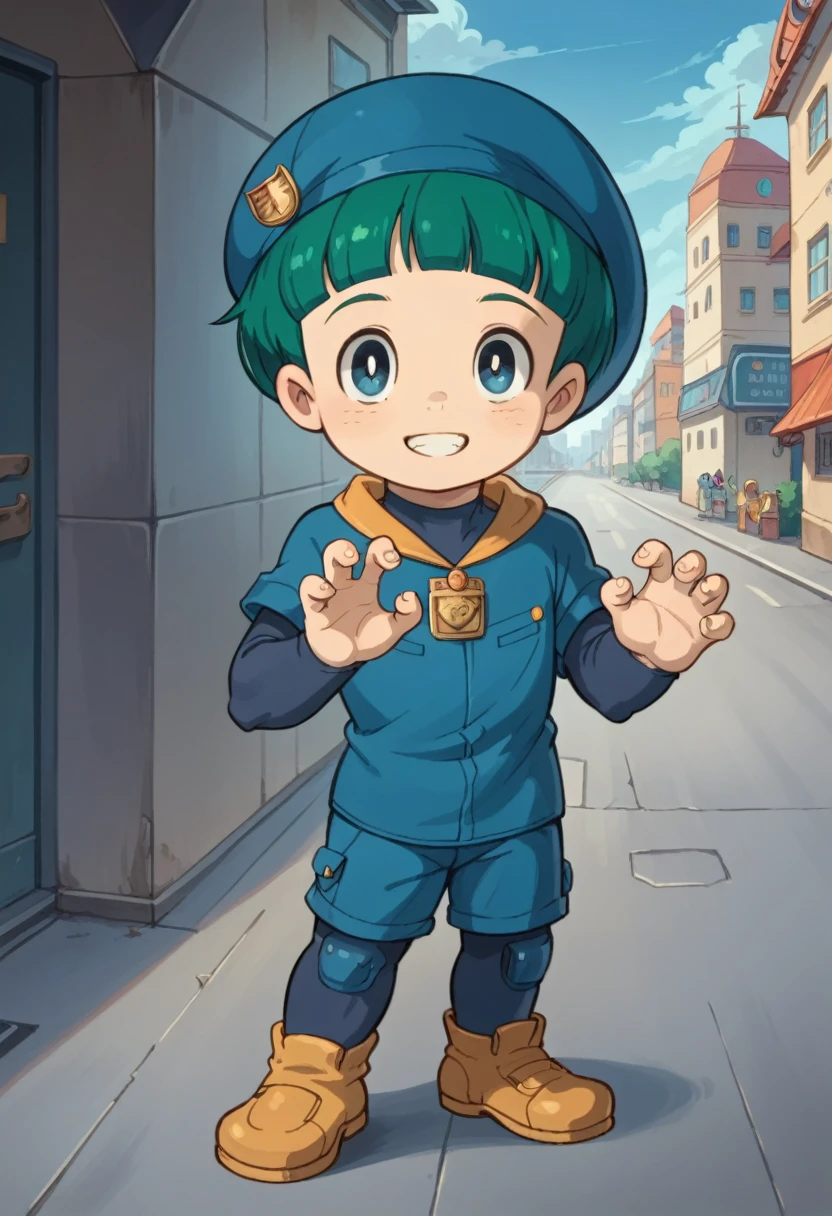 Score_9, score_8_up, score_7_up, rating_safe, Cute young boy, ropple, blue eyes, green hair, cute face, very smail, light smile,  grinning evily，Boy student，short detailed hair，Shota，solo person，Wear a red and blue beret，punky style，Black stroke，solo person，The city of the future，nigth，Contre-Jour,  ((full view body)), claw pose,