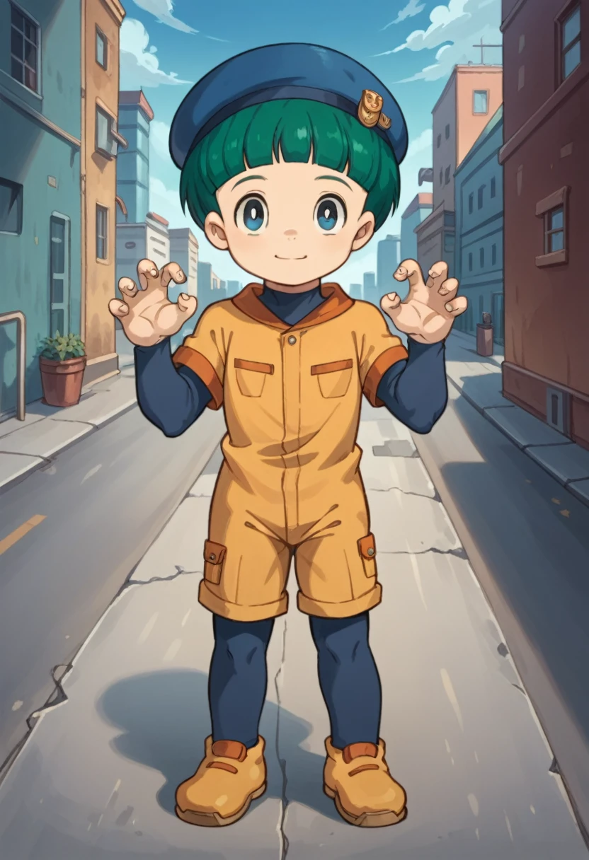 Score_9, score_8_up, score_7_up, rating_safe, Cute young boy, ropple, blue eyes, green hair, cute face, very smail, light smile,  grinning evily，Boy student，short detailed hair，Shota，solo person，Wear a red and blue beret，punky style，Black stroke，solo person，The city of the future，nigth，Contre-Jour,  ((full view body)), claw pose,