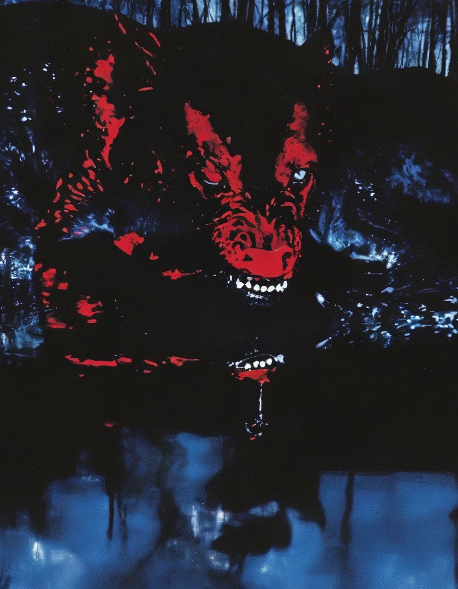 film photography, vintage, close up photo of red face in black water, blue dark forest night background
