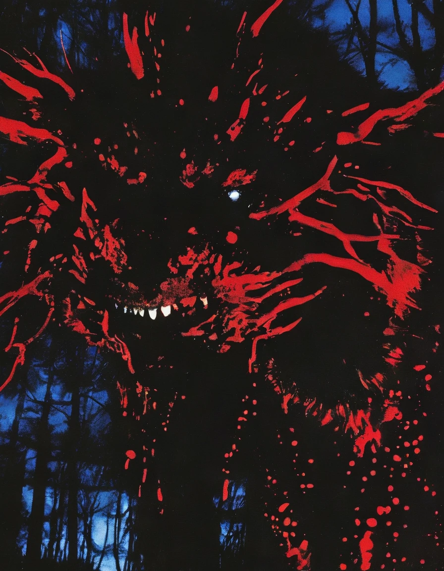 film photography, vintage, close up photo of red face in black water, blue dark forest night background