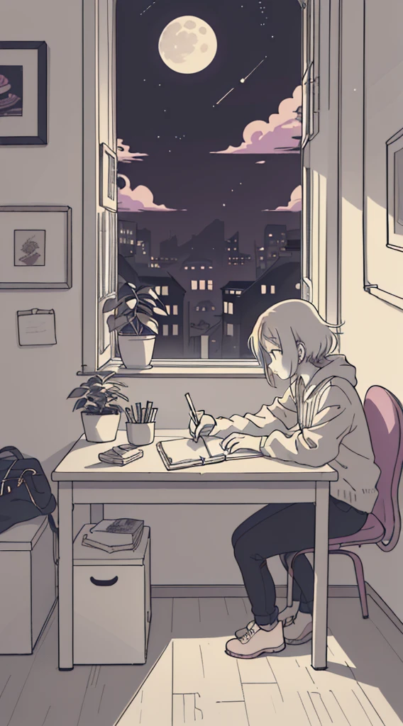 (masutepiece:1.5, Best Quality:1.5), ((Vaporwave Style, partially coloring)),In a cozy apartment, Girl studying diligently at desk alone,dim room,Stylish warm lighting, Coffee on the desk,I can see the moon from the window,Room decorated with plants