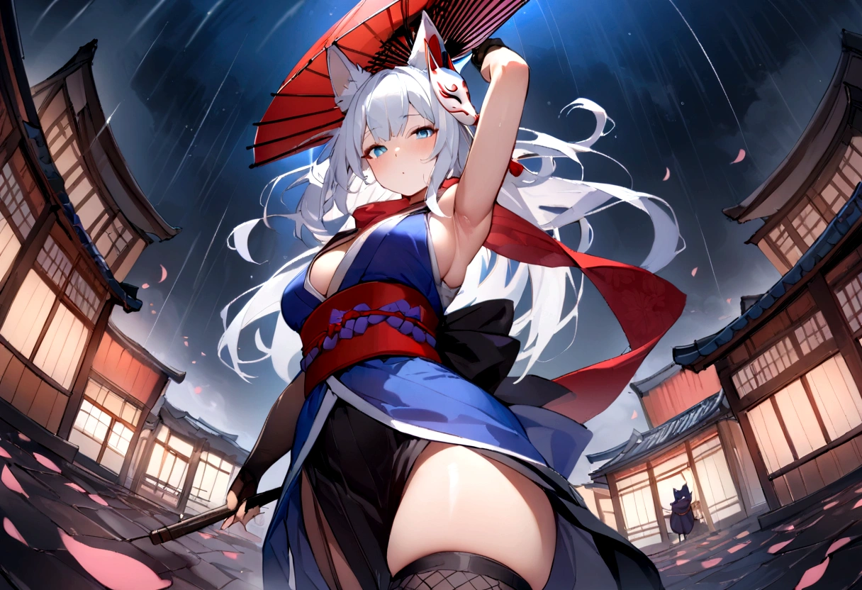 大rain、Use an umbrella、Japanese Umbrella、Tang Umbrella、Exposed armpits and chest、(masterpiece, best quality:1.2), 1girl, 独奏,Wolf girl, fox mask, ninja, girl, long white hair, odd eyes, blue kimono, ninja girl, red and blue scarf,Dancing Cherry Blossoms,Hide your face with an umbrella, fantastic atmosphere.night、Shadows of light and darkness、Eyes glowing in the dark、Black fox mask、Fisheye Lens、hair、Aside exposure、Black fox mask、rain