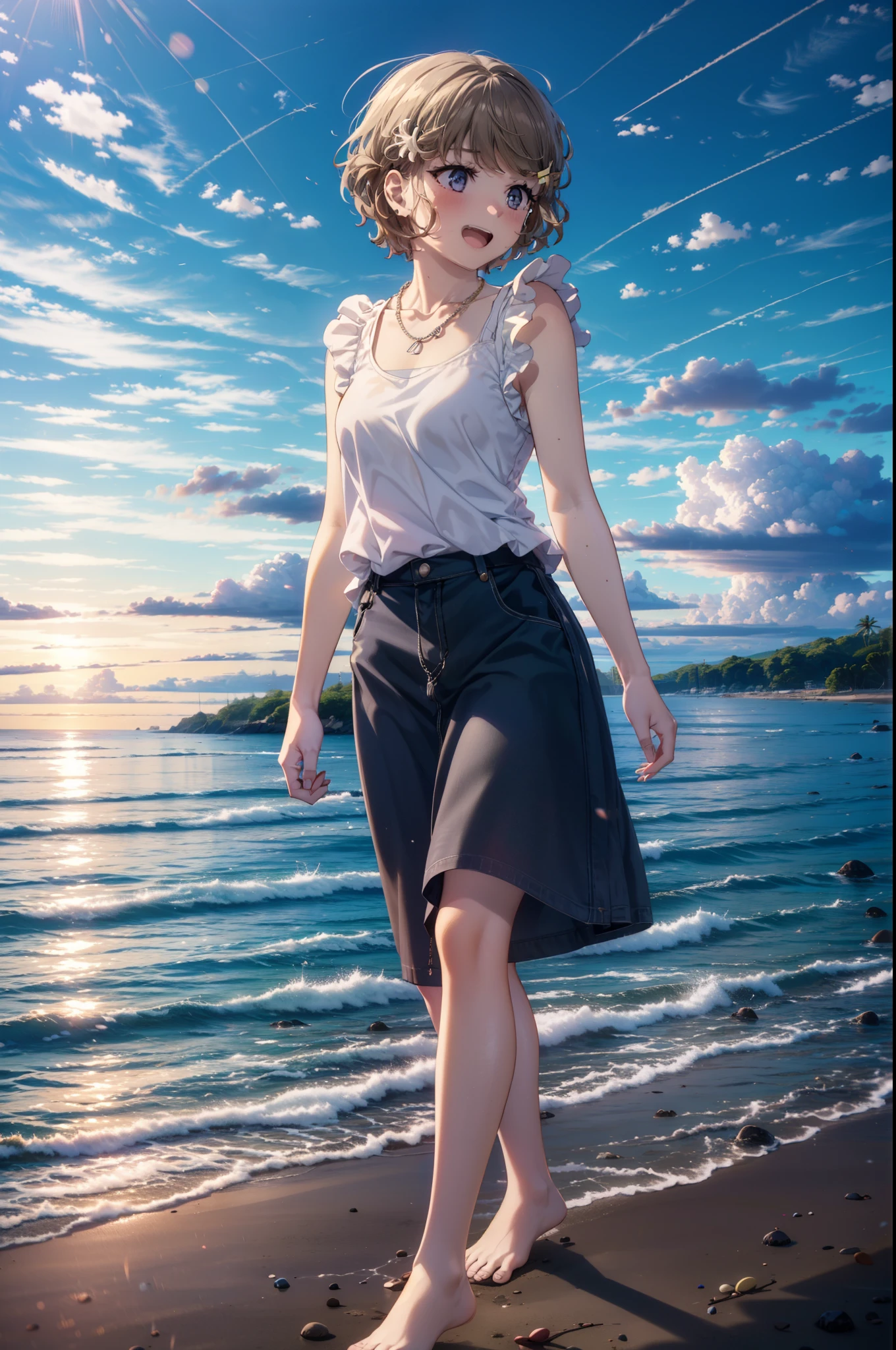 tomoekoga, Chie Koga, Short Hair, Brown Hair, blue eyes, Hair Clip,happy smile, smile, Open your mouth,Yellow tank top shirt,No sleeve,Shell Necklace,Yellow long skirt,barefoot,barefoot,Walking,True Summer,Daytime,Hair is fluttering in the wind,Sandy Beachで散歩している,whole bodyがイラストに入るように,
break outdoors, Sandy Beach,Beach,
break looking at viewer, whole body,
break (masterpiece:1.2), Highest quality, High resolution, unity 8k wallpaper, (figure:0.8), (Beautiful attention to detail:1.6), Highly detailed face, Perfect lighting, Highly detailed CG, (Perfect hands, Perfect Anatomy),