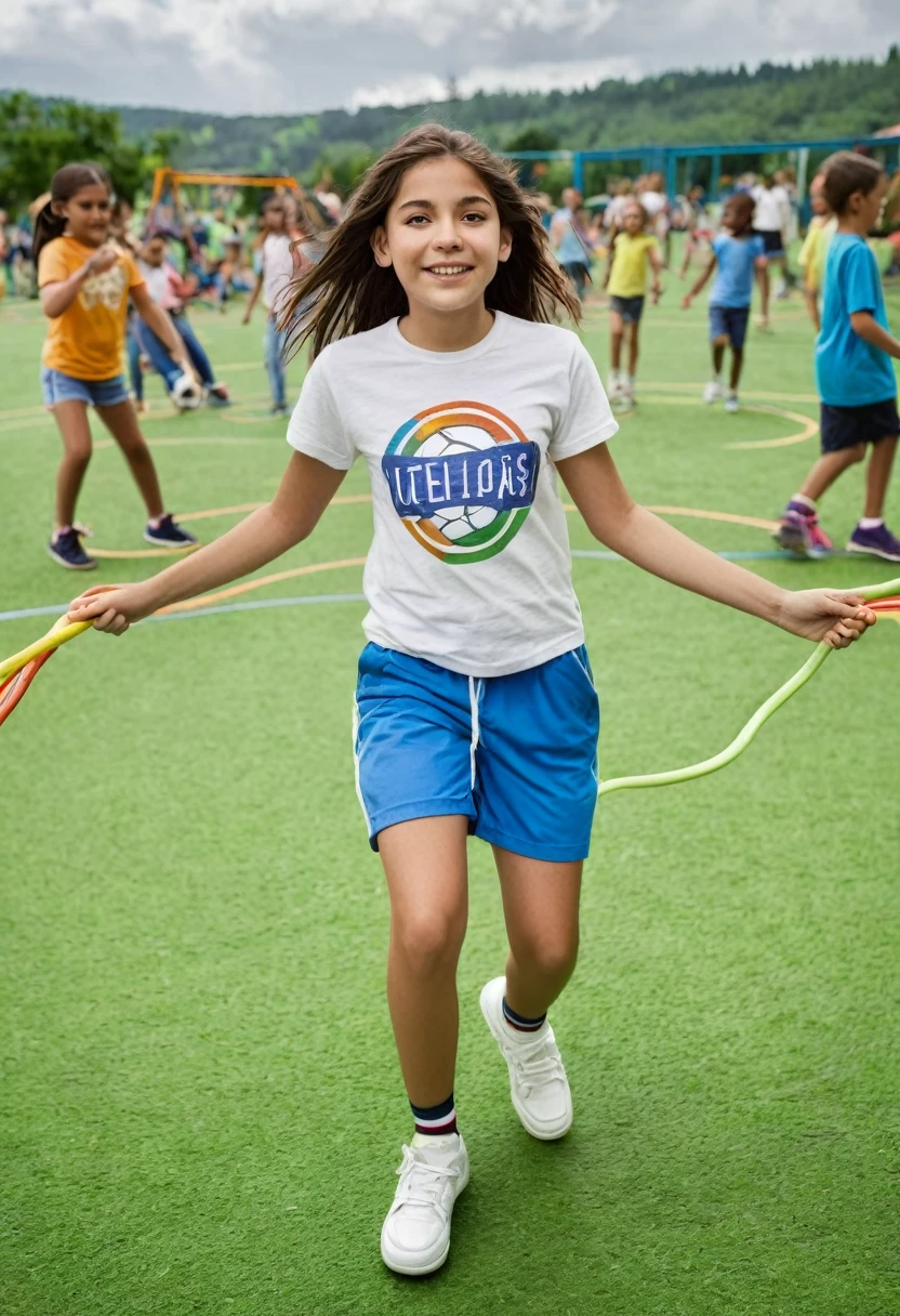 Italy. A realistic image of a -yeld giat a summer recreational center at a sports facility, surrounded by many children. She is wearing shorts and a t-shirt. The sky is very cloudy, indicating an overcast day. The girl is at the center of the image, engaging with the children around her. The background shows various sports equipment and activities typical of a summer camp, such as a soccer ball, jump ropes, and hula hoops. The setting includes a mix of grassy areas and playground structures. The overall atmosphere is lively and cheerful despite the cloudy weather