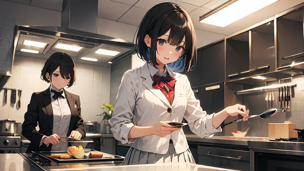 In one girl、fun、High school blazer with popular design、shirt、pleated skirt、white skirt、（small breasts ) en clase,black short hair, black eyes, lazo color rojo, clase de cocina, cocinando