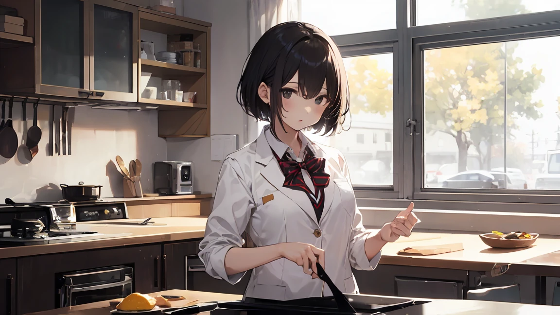 In one girl、fun、High school blazer with popular design、shirt、pleated skirt、white skirt、(small breasts ) en clase,black short hair, black eyes, lazo color rojo, clase de cocina, cocinando