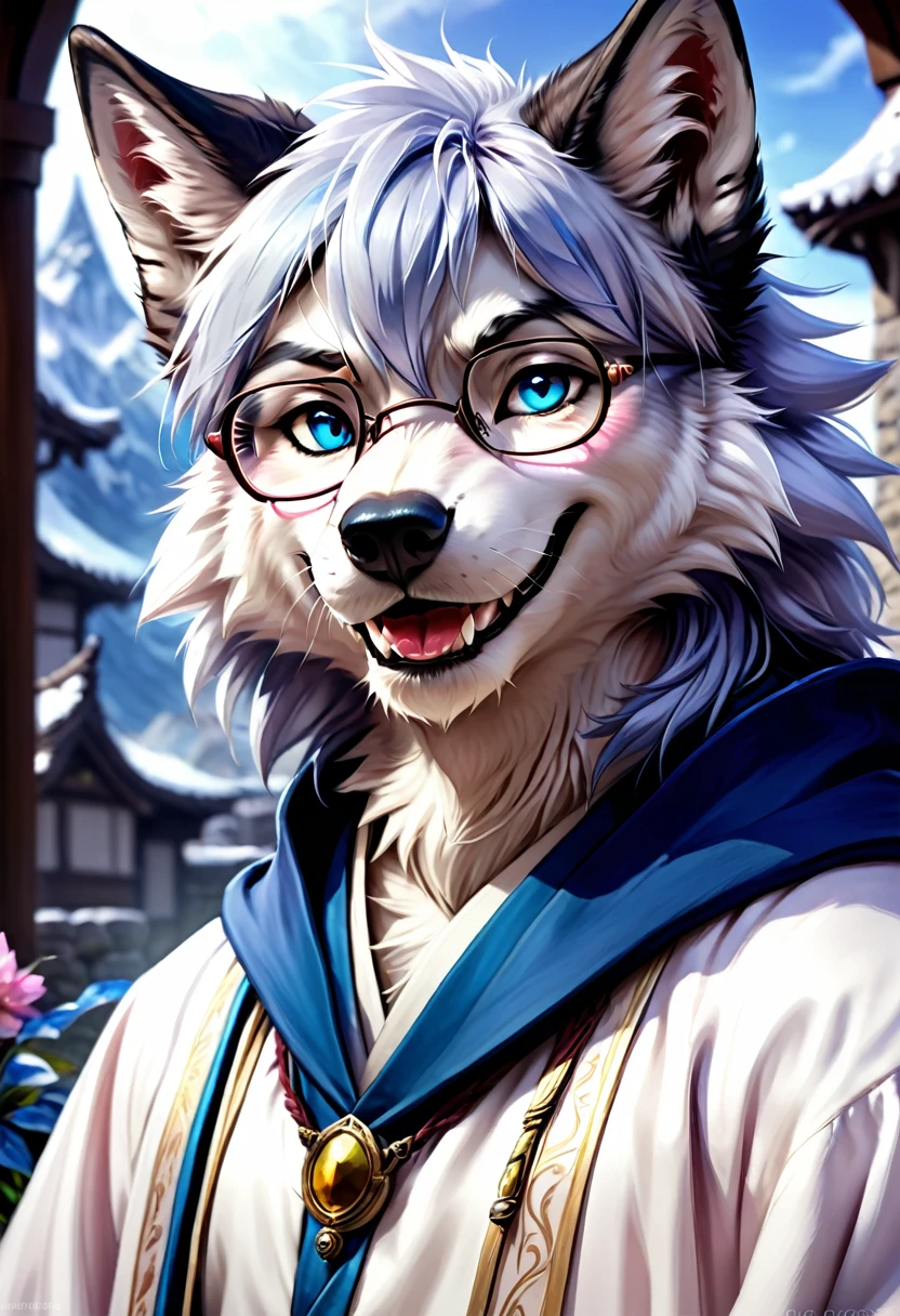 (masterpiece:1.4),(best quality:1.4),((Detailed facial features)),Wolf，male，Mage Clothing，robe，Blue and white fur，Glasses，Orcs，Orcs脸，delicate and pretty，Wolf脸，cute，Young，Introvert，精灵Wolf，Facial details，happy，Smile，Pink white ears，Dark blue bangs，Blue cheeks，White mouth