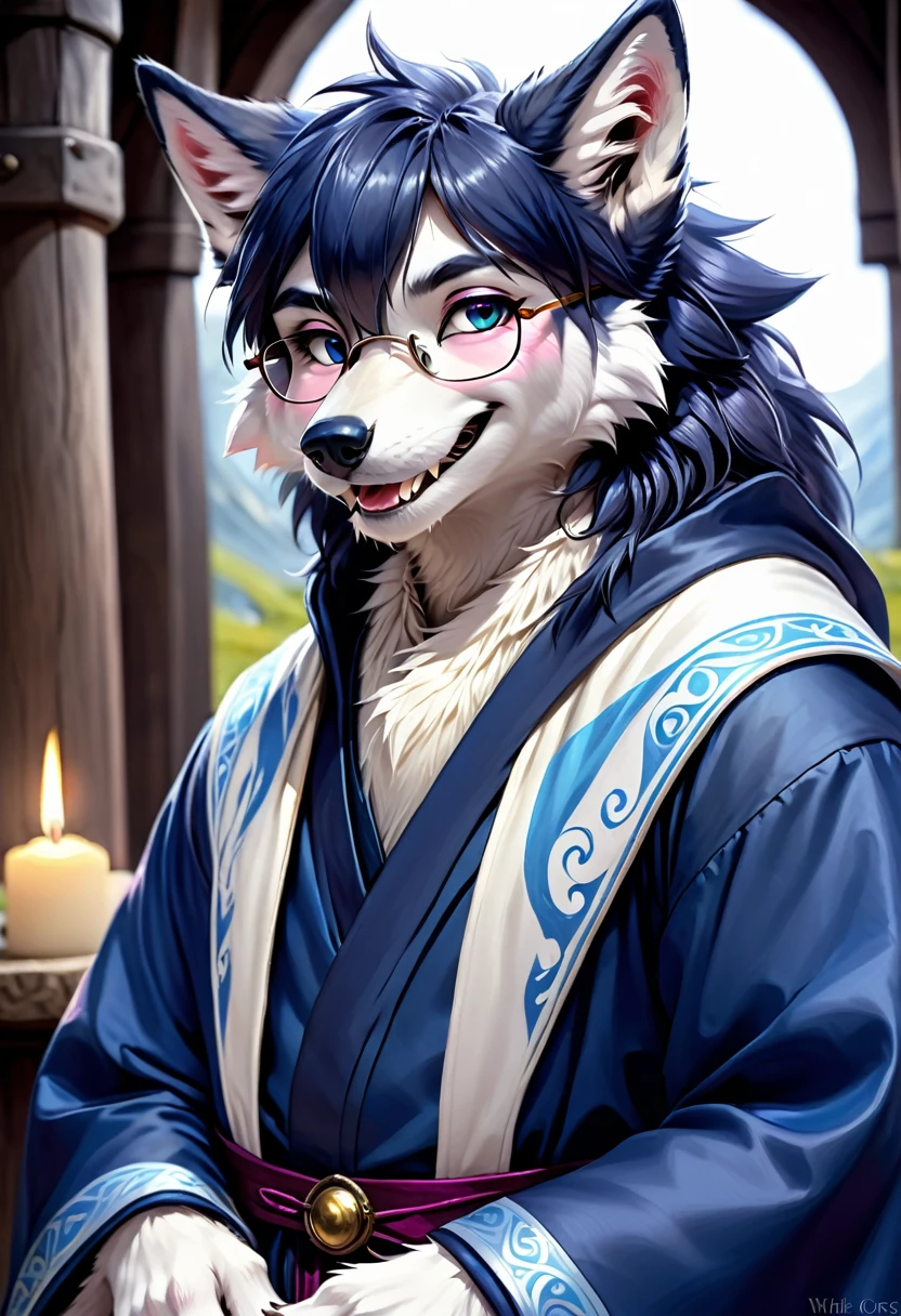 (masterpiece:1.4),(best quality:1.4),((Detailed facial features)),Wolf，male，Mage Clothing，robe，Blue and white fur，Glasses，Orcs，Orcs脸，delicate and pretty，Wolf脸，cute，Young，Introvert，精灵Wolf，Facial details，happy，Smile，Pink white ears，Dark blue bangs，Blue cheeks，White mouth