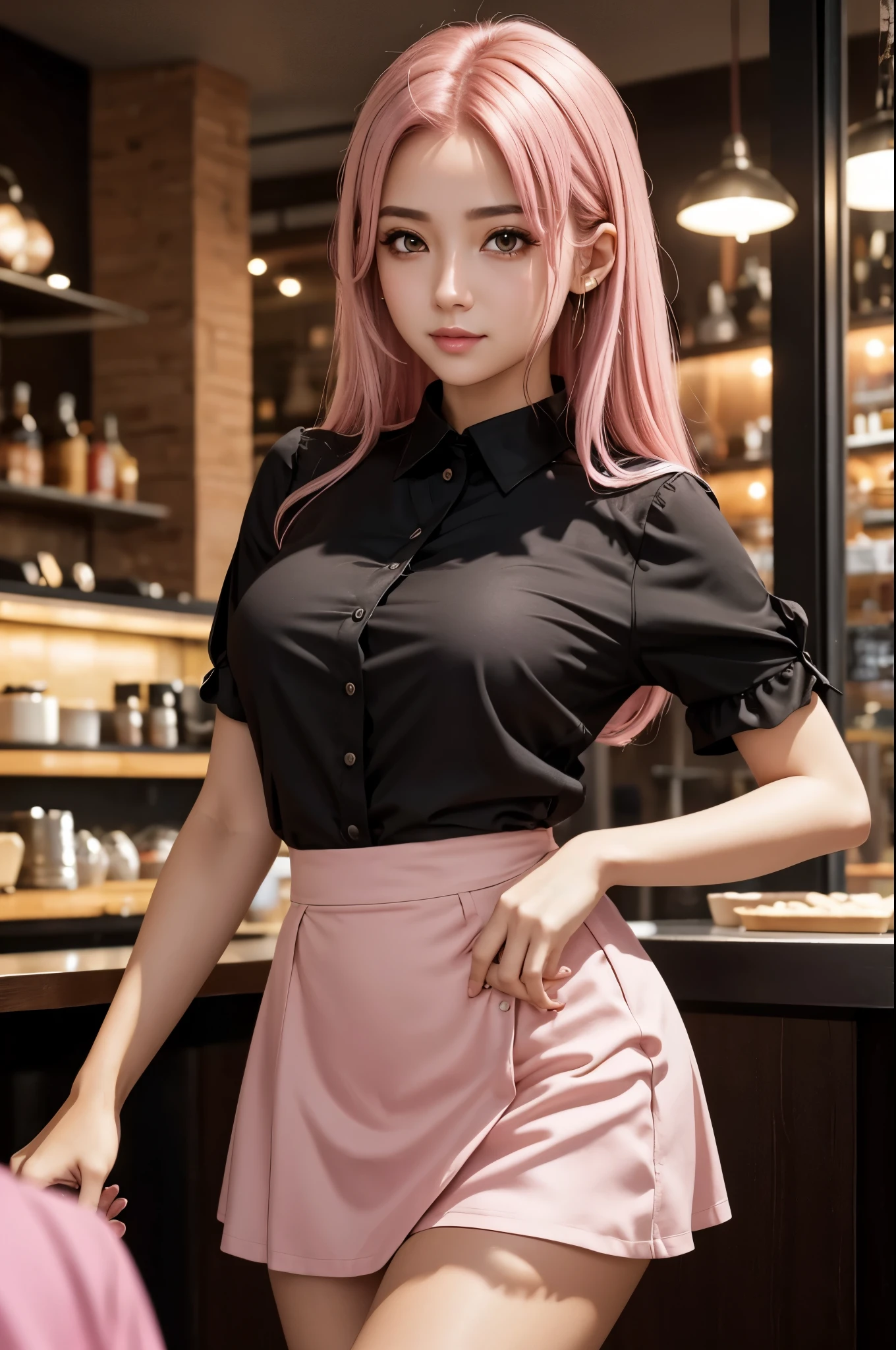 Beautiful girl with brown eyes and pink hair in a black blouse and short skirt sensual in a cafe close-up photo shoot