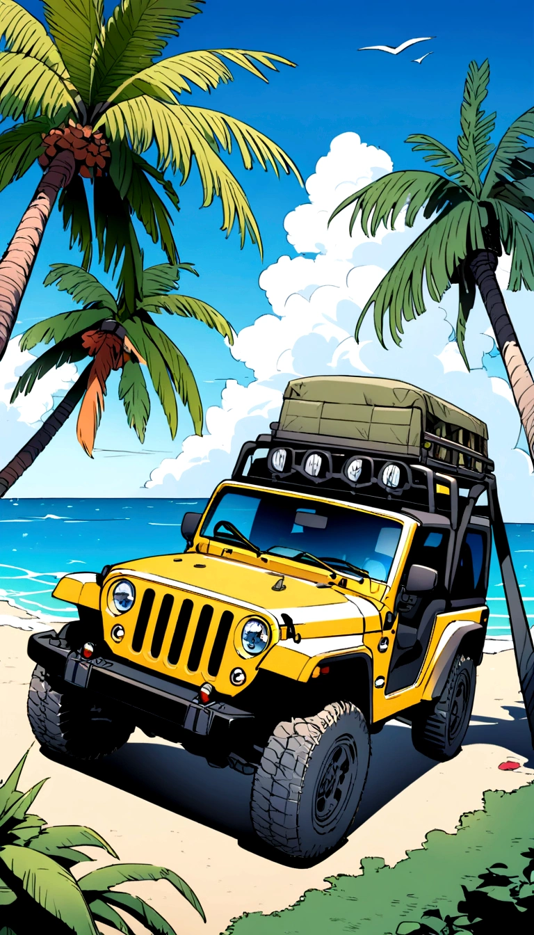 Above the upper half of the picture is a large expanse of blue sky, jeep, Palm tree,5 colors, Beach，Hawaiian style，Summer style，Bikini