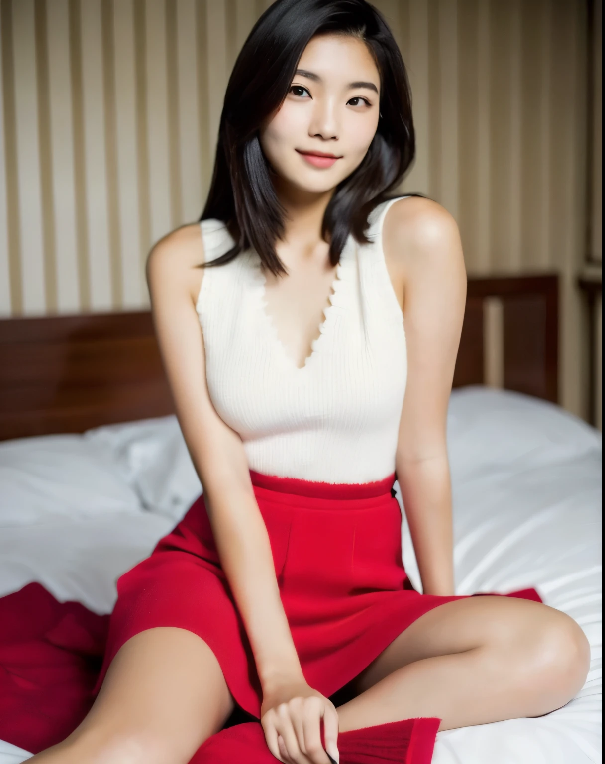 there is a woman sitting on a bed with a red top, cindy avelino, 18 years old, korean girl, 2 , 1 8 yo, 21 years old, asian girl, 2 7 years oldld girl, 2 3 years old, young cut face, beautiful asian girl