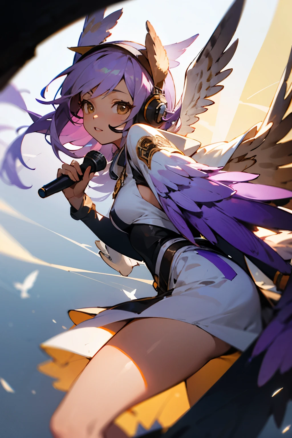 bird girl, long light purple hair, owl wings, light brown skin, brown eyes, owl ears, purple feathers, headset mic