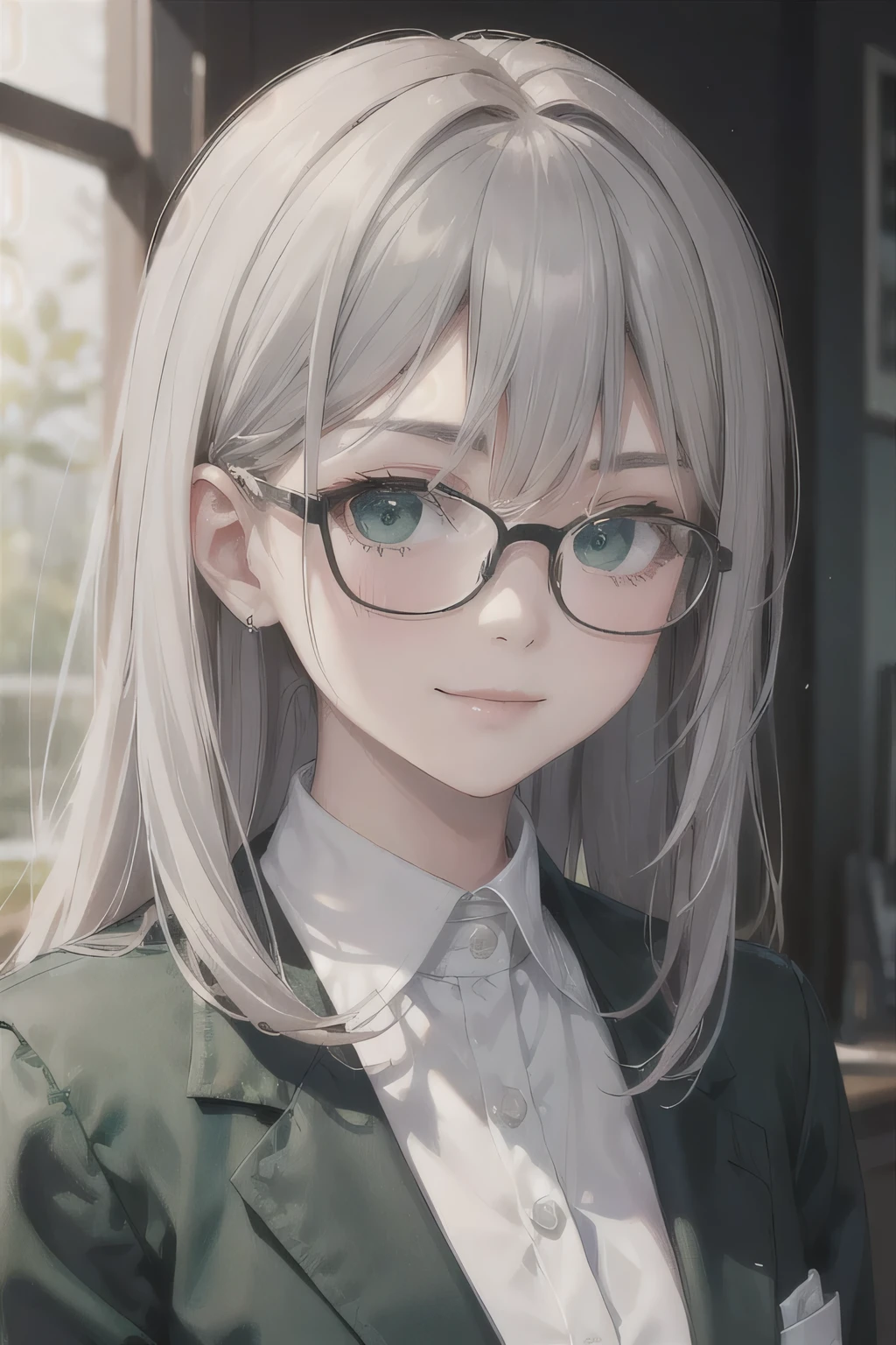 Portrait of a Girl,alone,20-year-old,Beautiful Face,Upper Body,Straight Hair、Long Hair, Grey Hair, Sharp focus,Mint green suit、Serious smile、Glasses