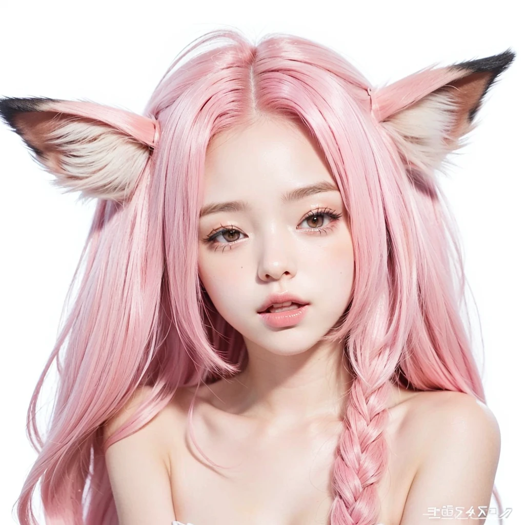 cutegirl with pink hair and ears sticking out, pink fox, beautiful catgirl, realistic 4k detailed