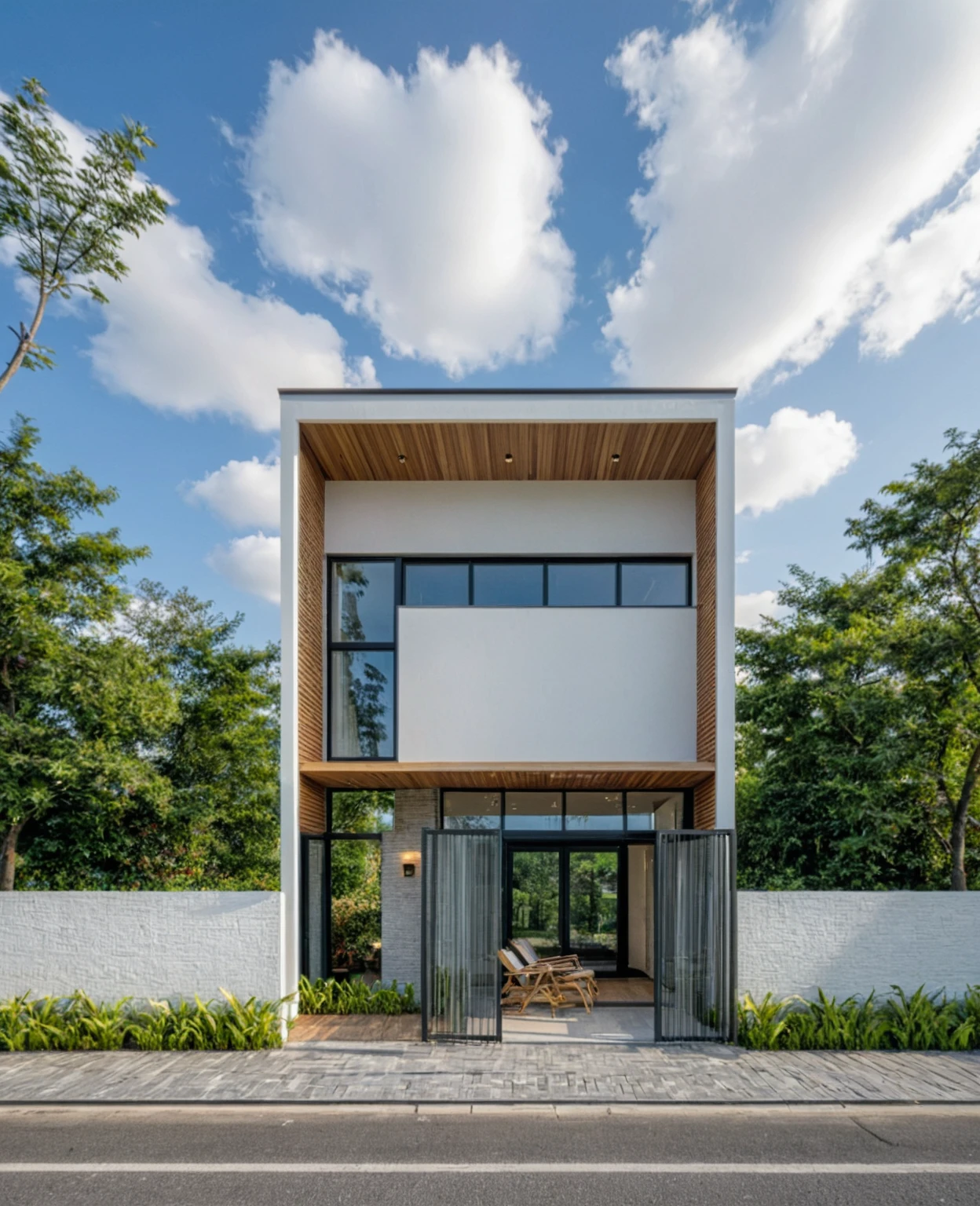 Masterpiece, high quality, best quality, authentic, super detail, outdoors, onestoreyvillaXL, aiaigroup, house style modern on the street ,stairs, white wall ,road,pavement, grass, trees, sky, cloud, (daylight:1.1)
