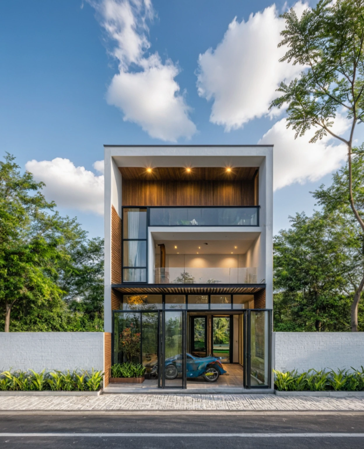 Masterpiece, high quality, best quality, authentic, super detail, outdoors, onestoreyvillaXL, aiaigroup, house style modern on the street ,stairs, white wall ,road,pavement, grass, trees, sky, cloud, (daylight:1.1)