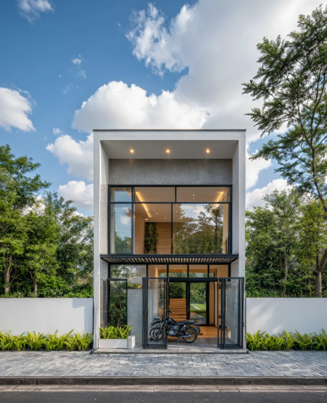 Masterpiece, high quality, best quality, authentic, super detail, outdoors, onestoreyvillaXL, aiaigroup, house style modern on the street ,stairs, white wall ,road,pavement, grass, trees, sky, cloud, (daylight:1.1)