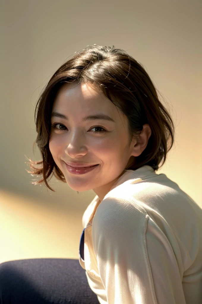 (8K、RAWE Photo、Highest quality、masterpiece:1.2)、(Real、Photorealistic:1.37)、Super detailed、Ultra-high resolution、1 girl、Beautiful detailed face、(Feather Cut: 0.6)、Professional Lighting、The lighting is bright、actress、model、Japanese、Full body、Wide-angle shot、Daytime、bright, simple background ,Simple Background、Model posing, full body , cowboy shot ,40-year-old woman、Mature Woman、Raise your left arm slightly、smile、smile、