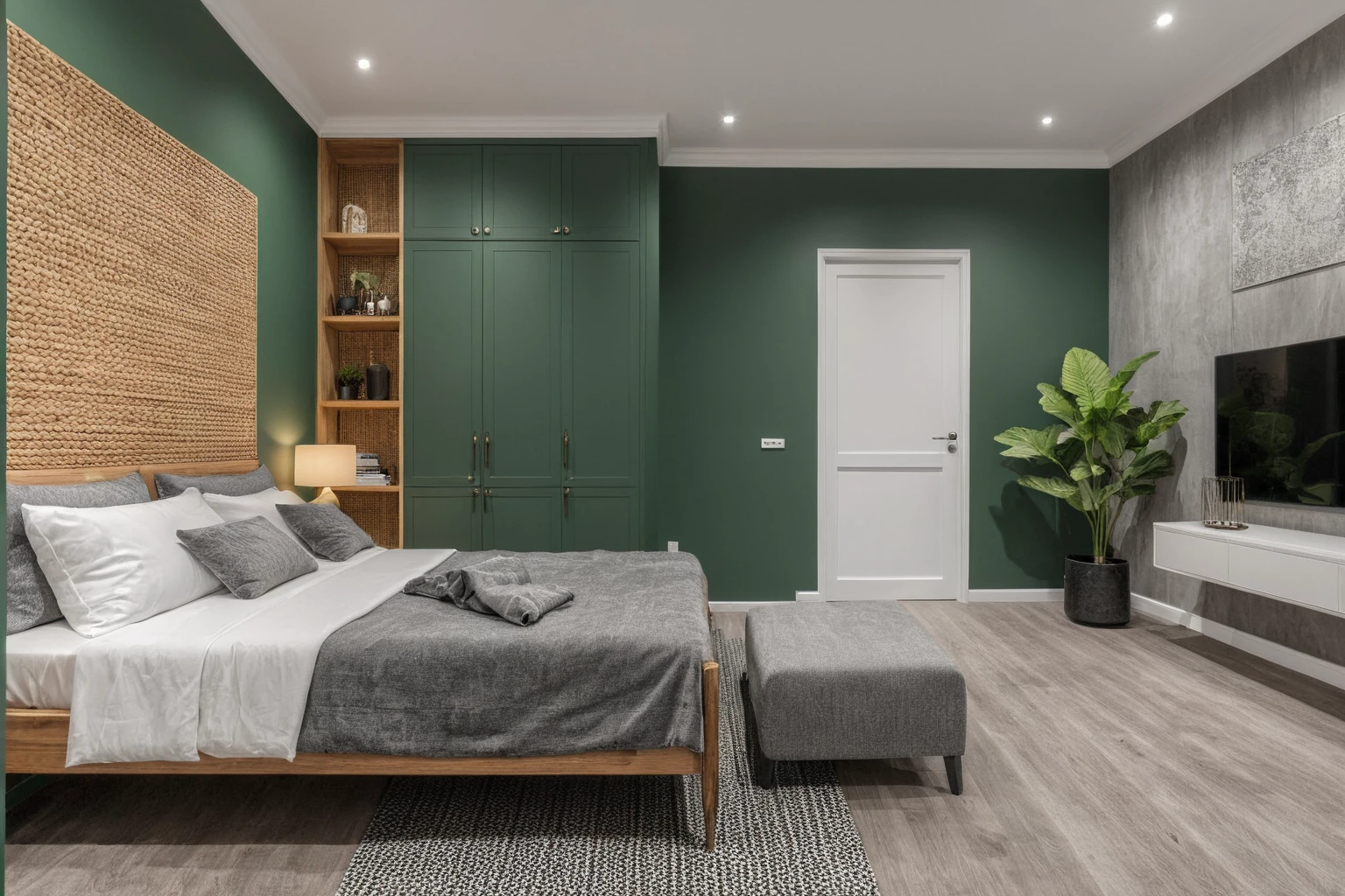 Raw photo,Masterpiece, high quality,Gray and white tones, combined with green, robin hood wall deco, robin hood painting
, wall deco decorations, rattan wall decor, best quality, authentic, super detail, interior, indoors, bedroom style modern , (daylight:1.1), vivid colour, (realistic:1.2),