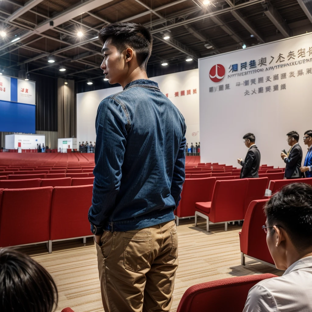 Back photo, In the photo, there is only one young Hong Kong man with his back to the camera.,He is dressed in casual clothes,at the International Exhibition Conference Hall, speak confidently,He was speaking to many audiences in the audience
