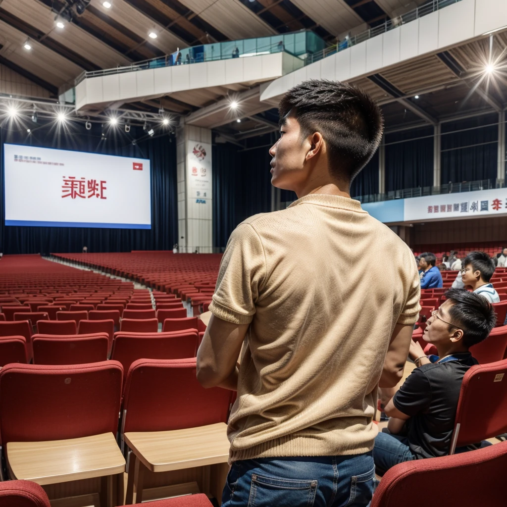 Back photo, In the photo, there is only one young Hong Kong man with his back to the camera.，He is dressed in casual clothes，at the International Exhibition Conference Hall, speak confidently，He was speaking to many audiences in the audience