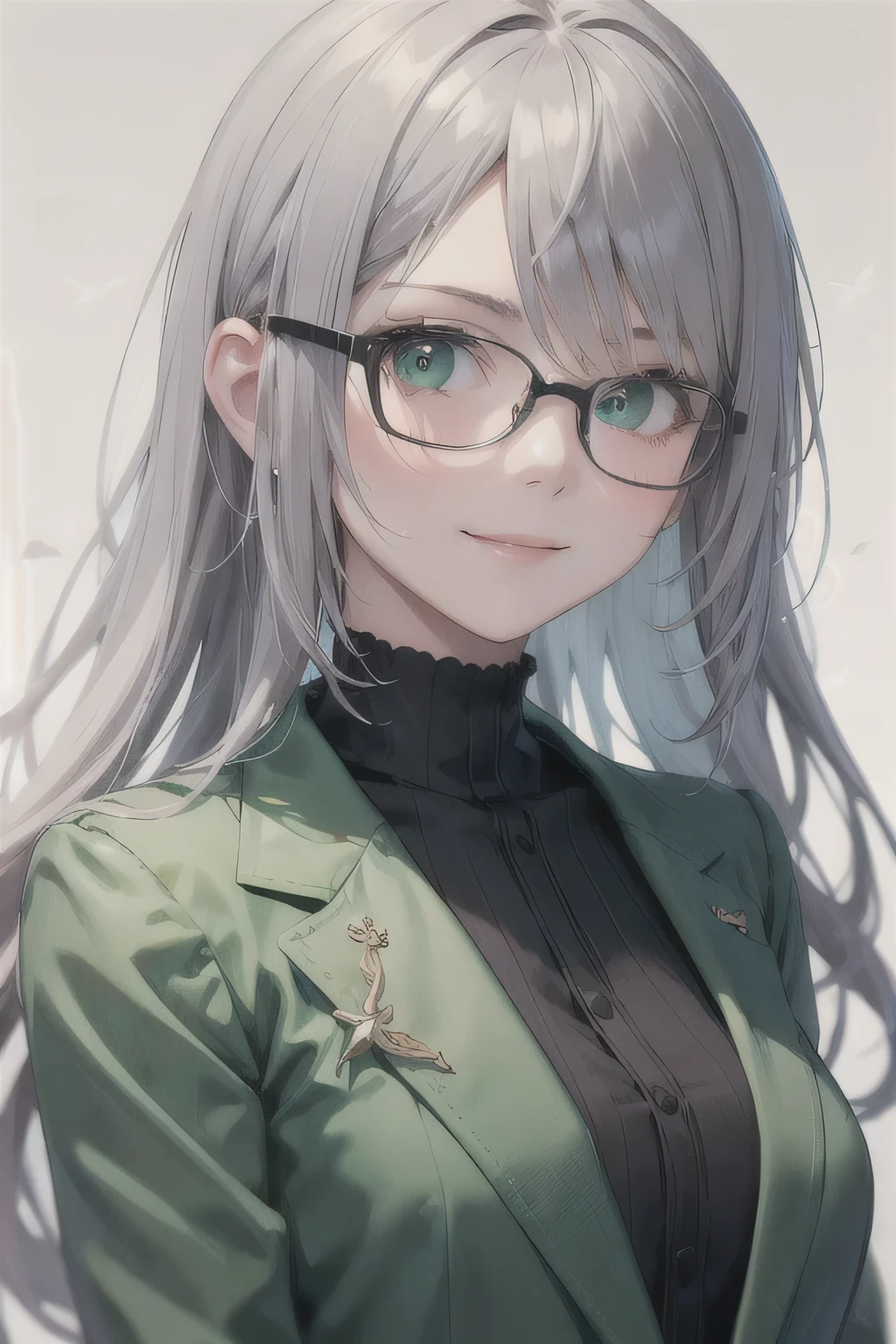 Portrait of a Girl,alone,20-year-old,Beautiful Face,Upper Body,Straight Hair、Long Hair, Grey Hair, Sharp focus,Mint green suit、Serious smile、Glasses