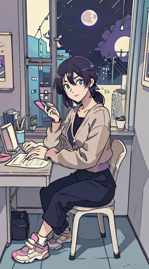 (masutepiece:1.5, Best Quality:1.5), ((Vaporwave Style, partially coloring)),In a cozy apartment, Girl studying diligently at desk alone,dim room,Stylish warm lighting, Coffee on the desk,I can see the moon from the window,Room decorated with plants