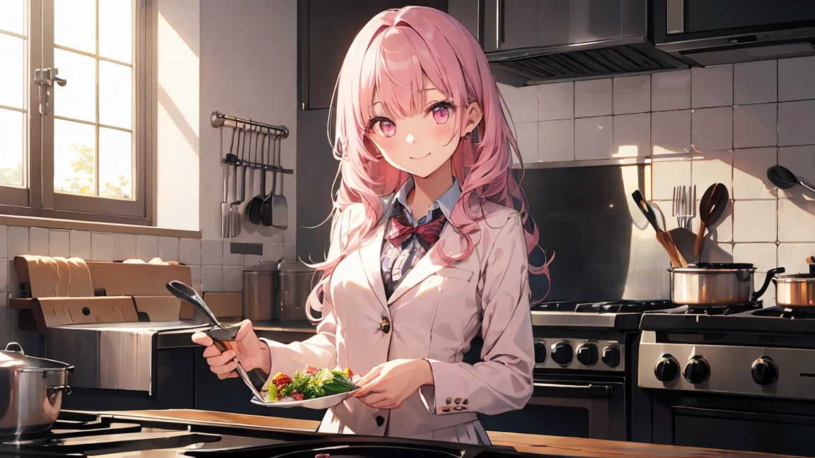 In one girl、fun、High school blazer with popular design、shirt、pleated skirt、white skirt、(small breasts ) en clase,pink large hair, pink eyes, lazo color rosa, clase de cocina, cocinando, smiling