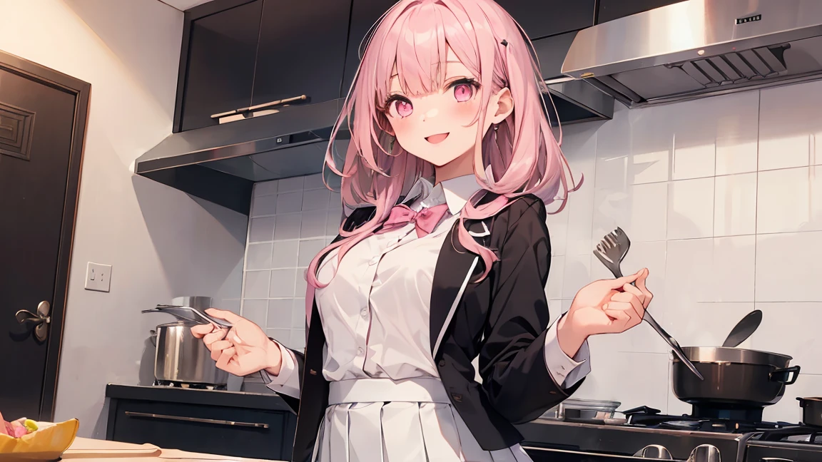 In one girl、fun、High school blazer with popular design、shirt、pleated skirt、white skirt、(small breasts ) en clase,pink large hair, pink eyes, lazo color rosa, clase de cocina, cocinando, smiling