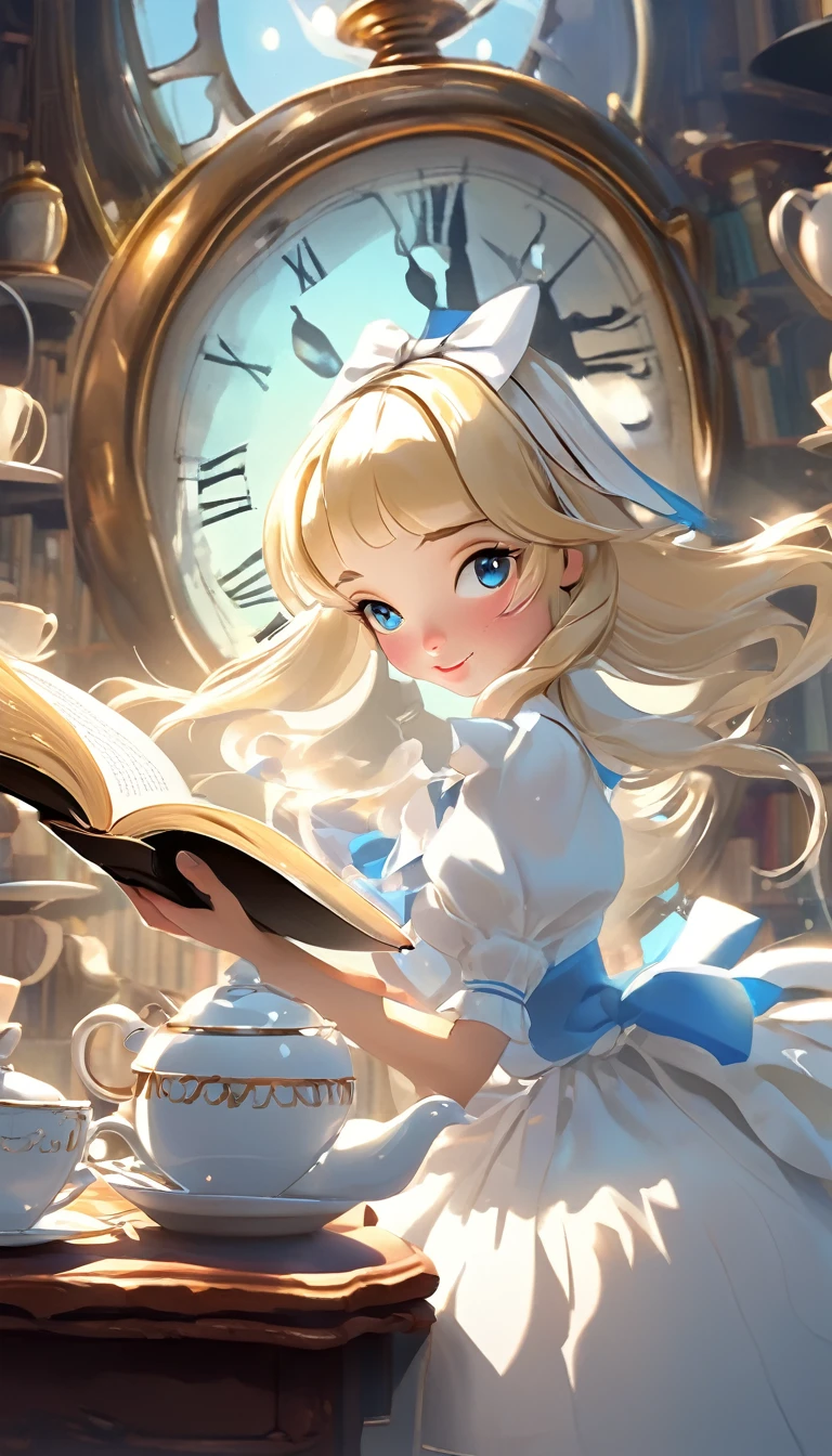 Alice, (Alice in Wonderland:1.1), cartoon illustration, 1cute girl, (white-outfits:1.4), hair-ribbon, (big-white-ribbon on head:1.5), white puffy sleeves, horizontal striped thigh-highs, white apron, white dress, long-hair, (blonde-hair:1.3), floating long hair, small-breasts, open mouth, (light-blue-eyes:1.2), teacup, cup, clock, antique watch, open book, saucer, in dark library, (dutch-angle:1.2), dynamic angle, cinematic lighting, glitter,