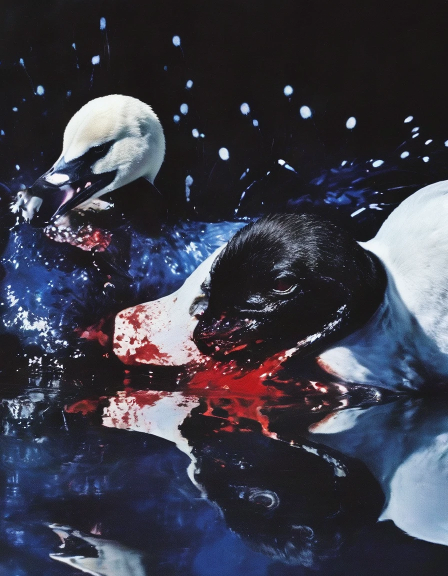 film photography, vintage, close up photo of white swan covered in blood in black water, blue dark forest night background