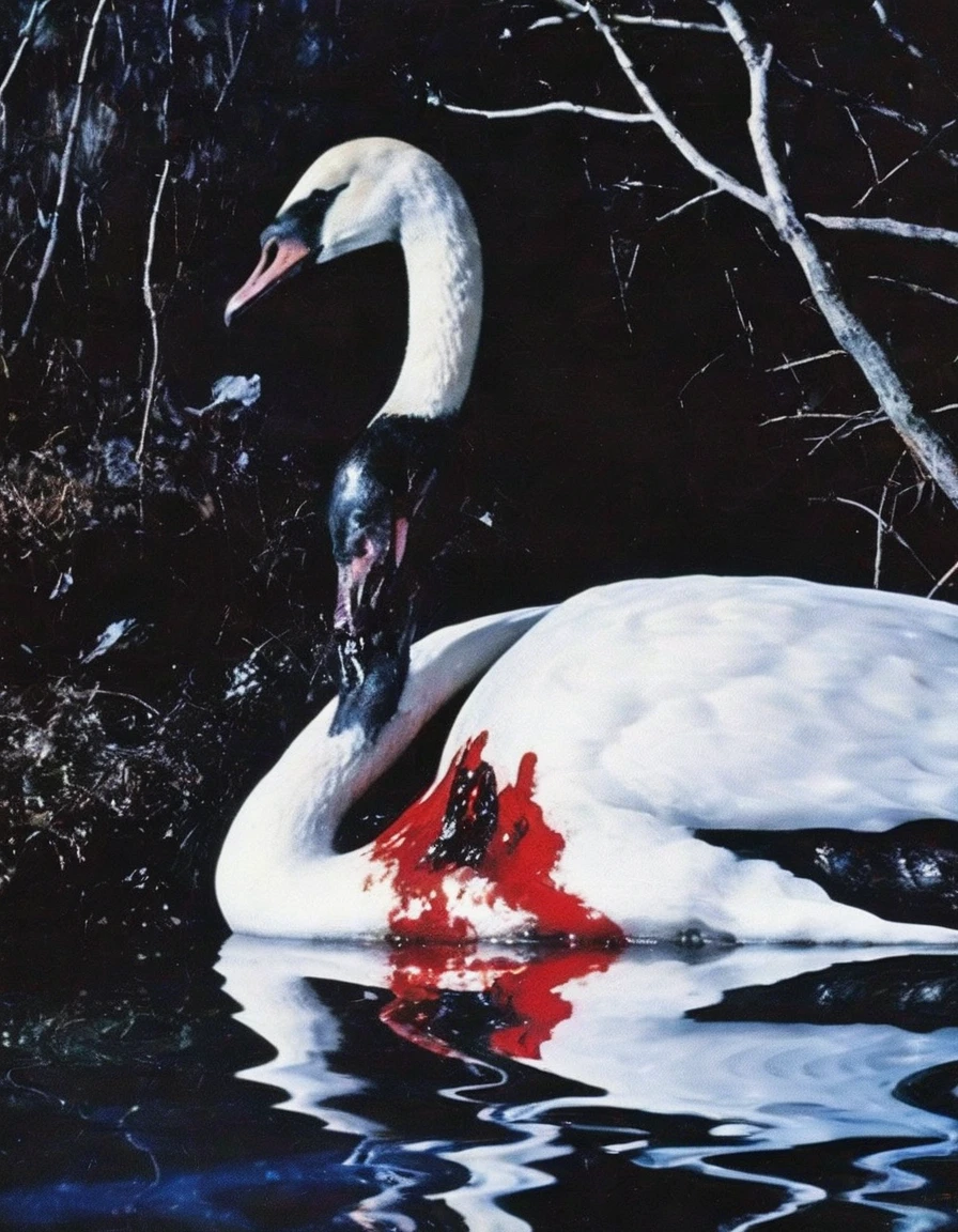 film photography, vintage, close up photo of white swan covered in blood in black water, blue dark forest night background