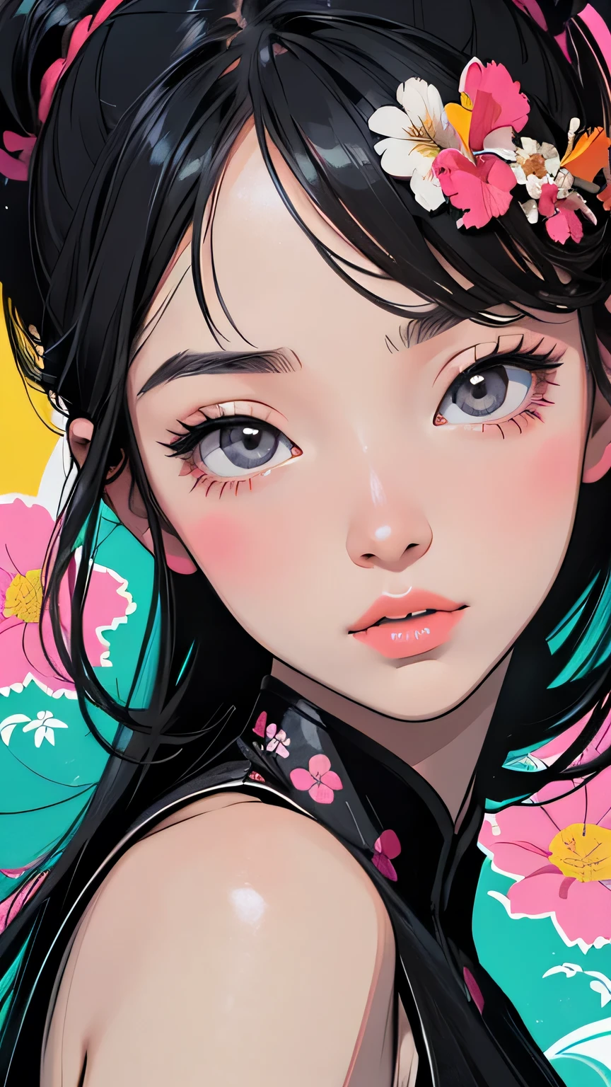 Create digital artwork in pop art, Featuring a bright and confident young asian girl,Street fashion, Movie Color Scheme, Surrounded by vintage floral motifs, Bright brush strokes,Emotions should be dynamic, upper-body, Drawing, illustartion, Grayscale, tropical, lots of flowers,