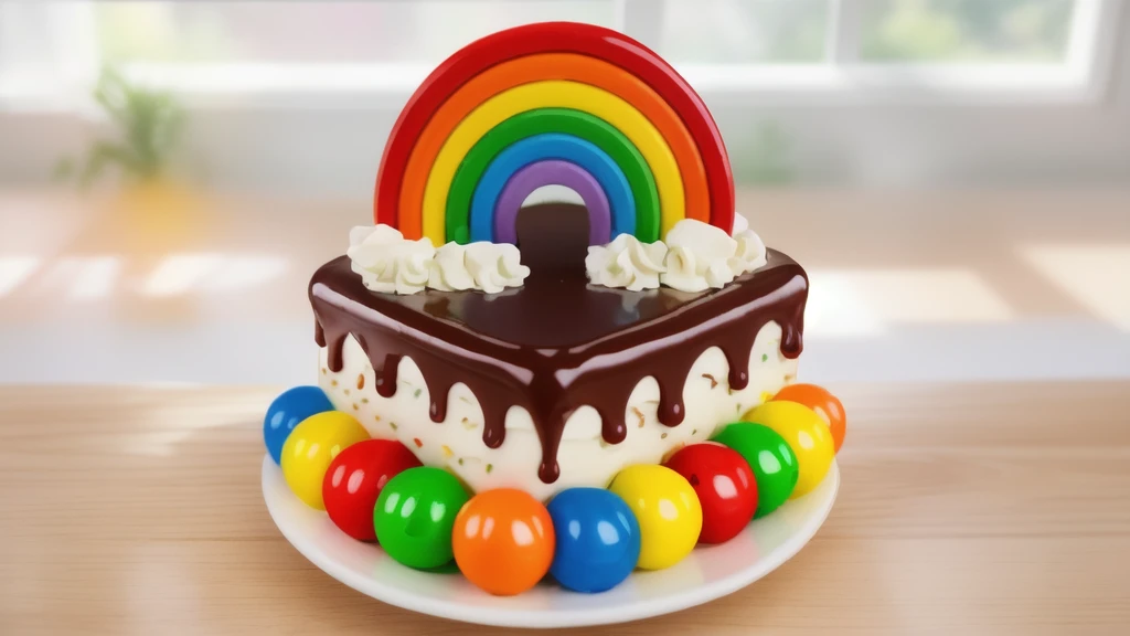 in the kitchen, on a wooden table, on a white porcelain plate, a white square cream cake, colorful m&m's dragees around the cake, drops of chocolate ganache on the cake, cream clouds, a rainbow made of polymer clay, window light, bright lights, soft light, window light, professional lighting, light from the window, neat light, realistic texture, realistic style, detailed texture, high quality, high resolution, high quality rendering, realistic photo, brightning light, macro photo