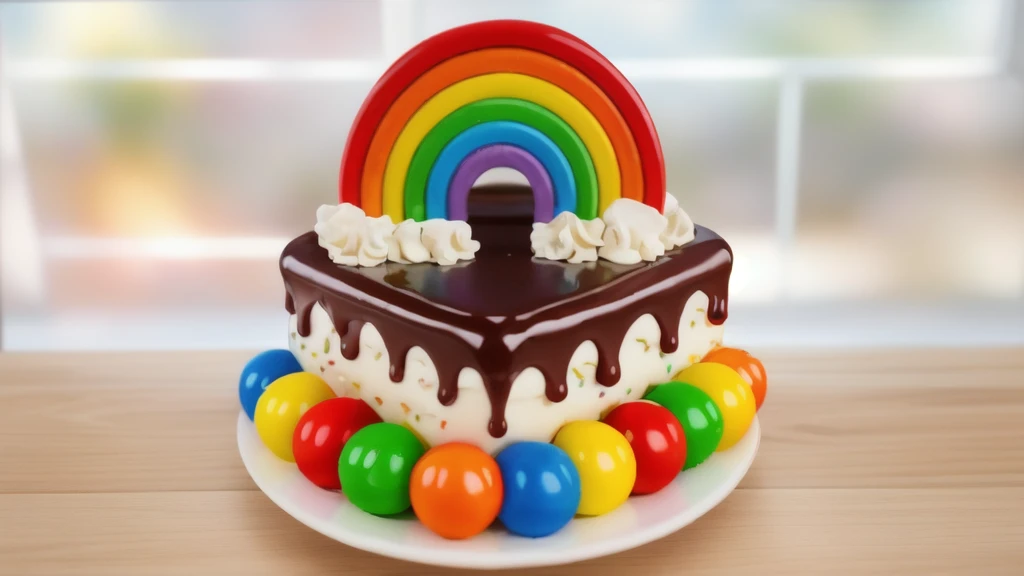 in the kitchen, on a wooden table, on a white porcelain plate, a white square cream cake, colorful m&m's dragees around the cake, drops of chocolate ganache on the cake, cream clouds, a rainbow made of polymer clay, window light, bright lights, soft light, window light, professional lighting, light from the window, neat light, realistic texture, realistic style, detailed texture, high quality, high resolution, high quality rendering, realistic photo, brightning light, macro photo