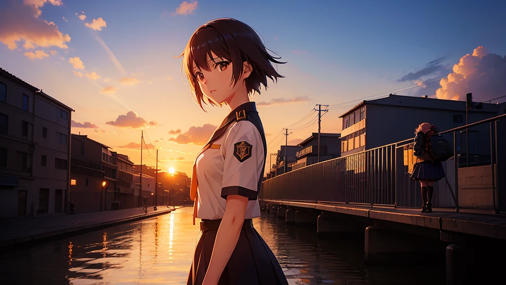 Anime girl watching the sunset on a bridge, The girl has kind eyes,Bridge over the canal, Girl in uniform, silhouette, Orange sunset sky, Makoto Shinkai style, Makoto Shinkai style, 2D