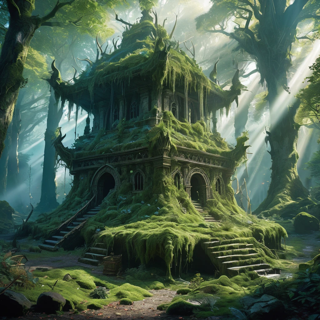 Imagine a medieval fantasy club lying on the ground in a dense, ancient forest, radiating an aura of raw power. The club is crafted from a massive, gnarled piece of enchanted wood, reinforced with iron bands and embedded with jagged, glowing crystals. Its surface is covered in intricate carvings of fierce beasts and ancient runes that pulse with a dim, magical light. Surrounding the club, the forest floor is covered in a thick layer of moss and fallen leaves, with shafts of sunlight piercing through the dense canopy above. The air is thick with the scent of earth and the sounds of rustling leaves and distant, mystical creatures. Capture the primal strength and mystical energy of this formidable weapon, suggesting tales of legendary battles and untamed wilderness in a medieval fantasy realm.