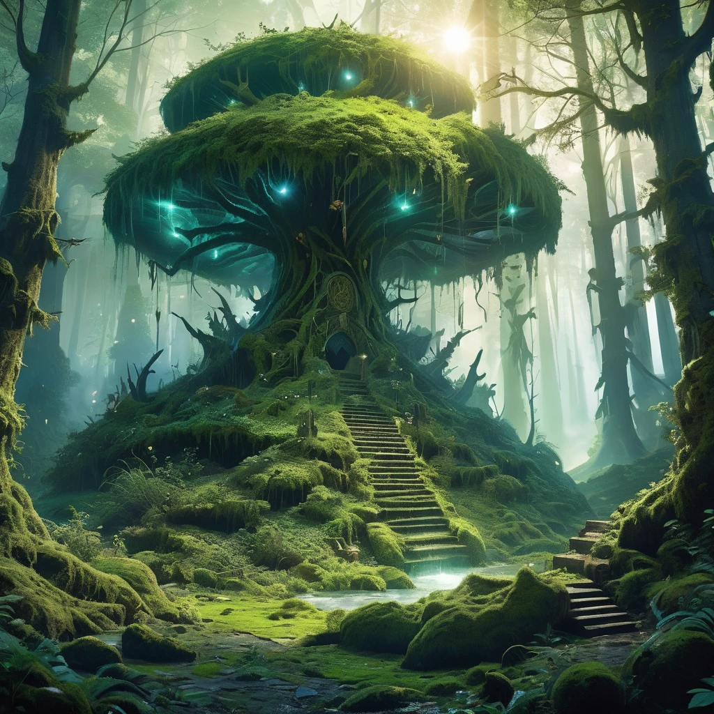 Imagine a medieval fantasy club lying on the ground in a dense, ancient forest, radiating an aura of raw power. The club is crafted from a massive, gnarled piece of enchanted wood, reinforced with iron bands and embedded with jagged, glowing crystals. Its surface is covered in intricate carvings of fierce beasts and ancient runes that pulse with a dim, magical light. Surrounding the club, the forest floor is covered in a thick layer of moss and fallen leaves, with shafts of sunlight piercing through the dense canopy above. The air is thick with the scent of earth and the sounds of rustling leaves and distant, mystical creatures. Capture the primal strength and mystical energy of this formidable weapon, suggesting tales of legendary battles and untamed wilderness in a medieval fantasy realm.